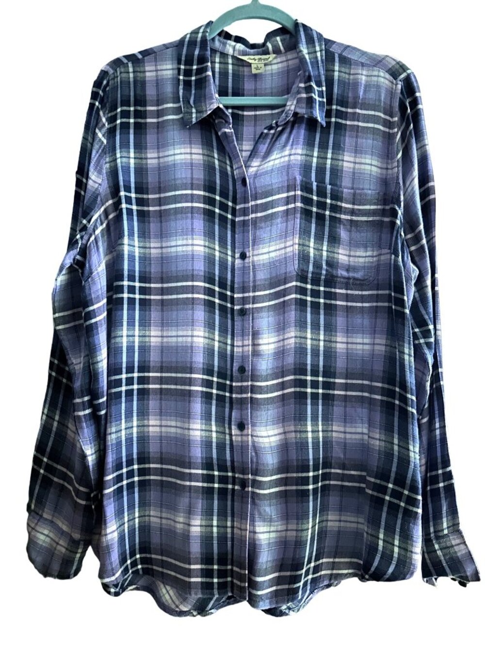 Lucky Brand women’s sz L purple blue plaid button front pocket long sleeve top